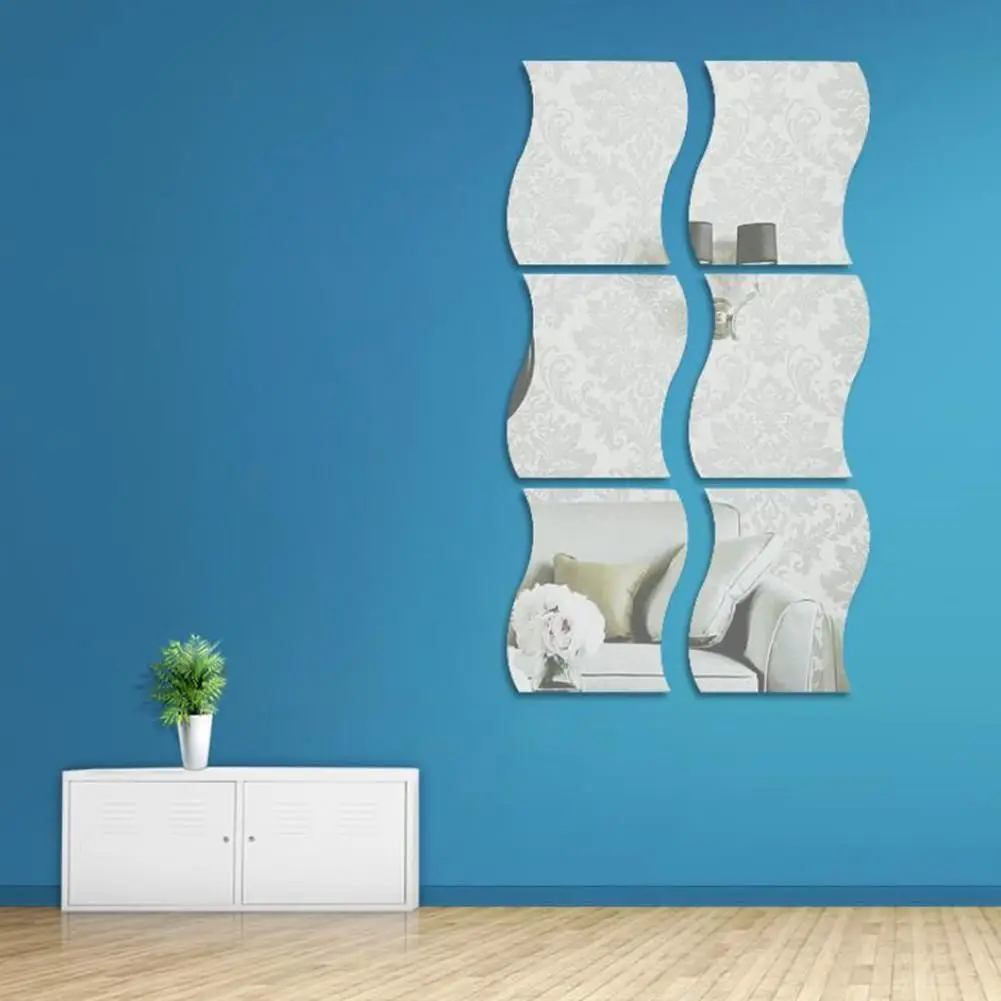 6Pcs/set 3D DIY Mirror Wall Sticker Wave Acrylic Mural Decal Removable Stickers Living room Decoration Wall Decal Art Home Decor