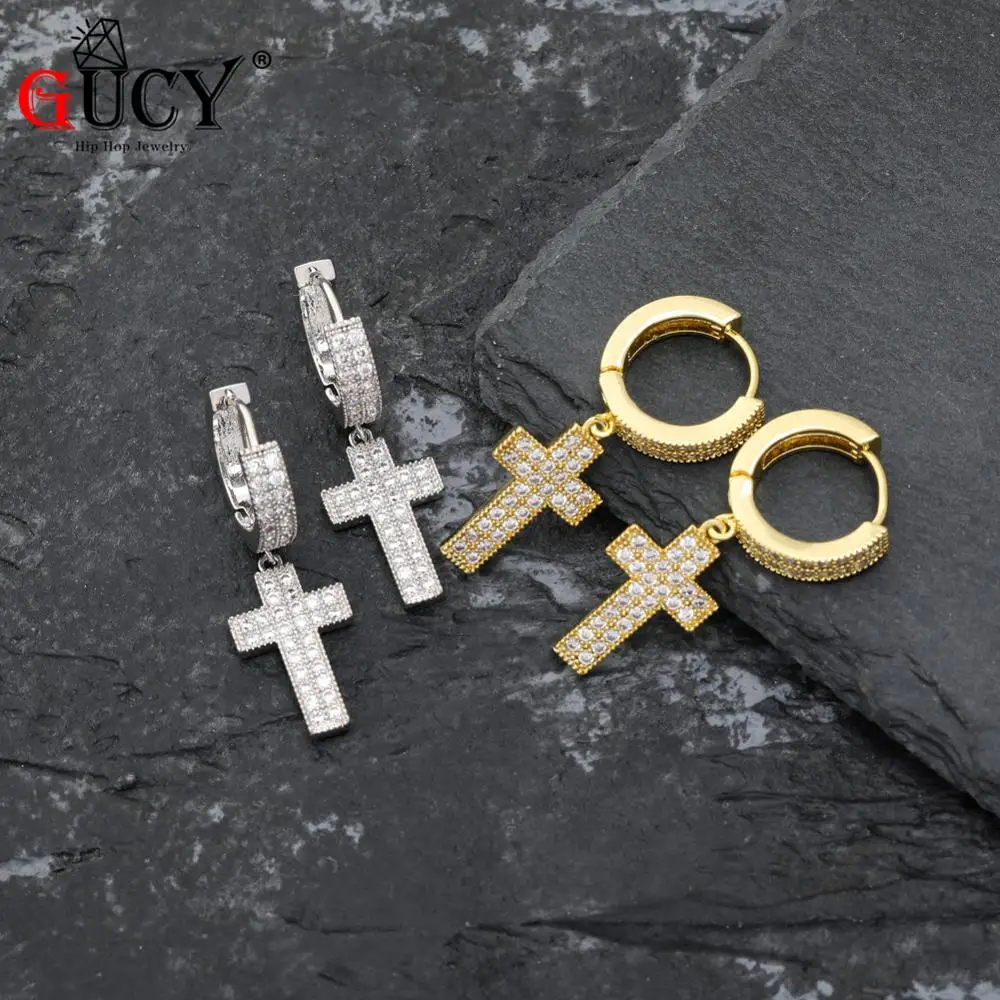 GUCY хип хоп Рок мужской женский ювелирный Золотой/Серебряный цвет Iced Out Micro Pave кубический циркон сережки-крестики кулон