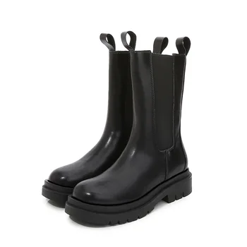 

2020 New Brand Style Genuine Leather Round Toe Women Boots Elastic Band Thick Bottom Lady Shoes Fall Casual Heel Botas Feminina
