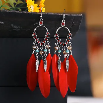 

Bohemian Feather Tassel Earrings for Women Wedding Statement Feather Jewelry Long Earrings Hanging Ethnic Indian Earings Jewelry