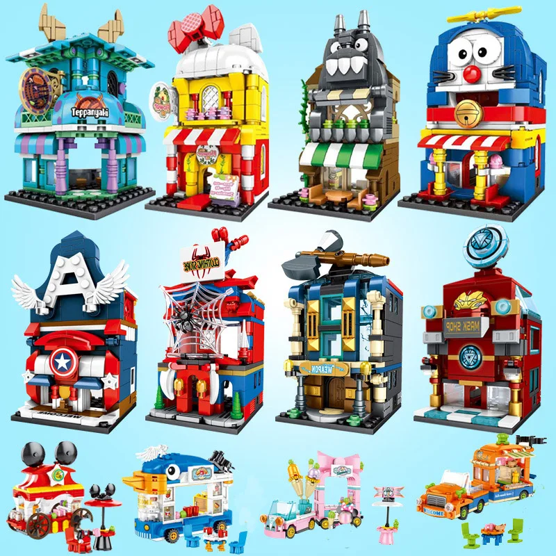 

Mini City Super Hero Shop Store Street Tron IronMan Spiderman Captain America Building Blocks Kids Educational Toy