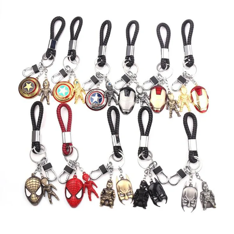 

10pcs/lot Fashion Jewelry Marvel Comics Retro The Avengers Iron Man Batman Spiderman Mask With Leather Key Ring For Men Car Dec