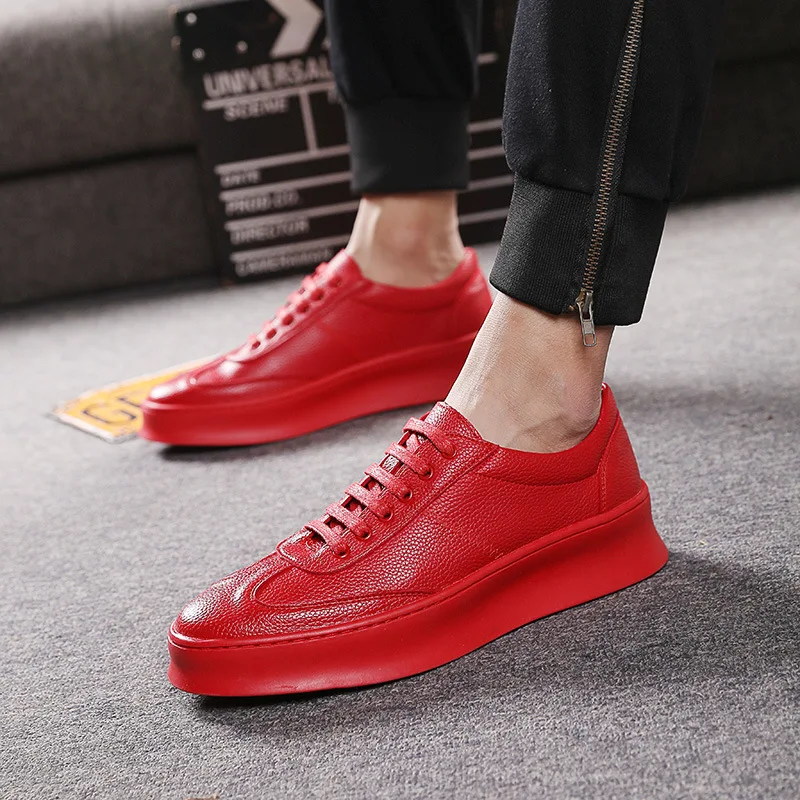 Korean style men's casual genuine leather shoes lace-up flats shoe black white red platform sneakers chaussure zapatos de hombre |