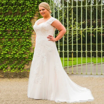 

Sexy Plus Size Mermaid Wedding Dresses Sweetheart Cap Sleeve Lace Applique Tulle Sweep Train Bridal Dress Robe De Mariage