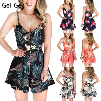 

Casual Strap Overalls Jumpsuit 2020 Women Summer Sexy V-neck Halter Jumpsuits Ladies Printed Red Black Beach Femme Mini Jumpsuit