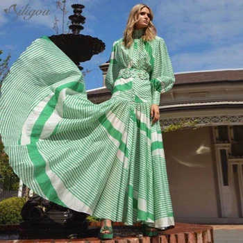 

Ailigou Women'S Clothes Striped Elegant Long Dress High Neck Lantern Sleeve Retro Dress Belt High Waist Big Hem Ladies Dress
