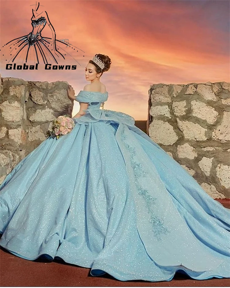 

Cinderella Off The Shoulder Ball Gown Quinceanera Dresses Beaded Appliques Bow Formal Prom Graduation Gowns Princess Sweet 15 16
