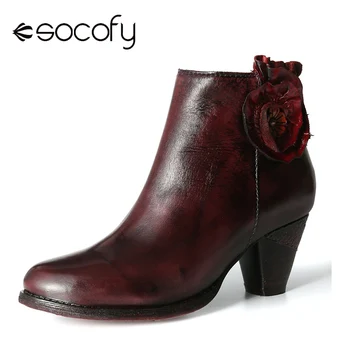 

SOCOFY Retro Splicing Delicate Florals Genuine Leather High Heel Comfy Ankle Boots Design Shoe Woman Shoes Botas Mujer 2020