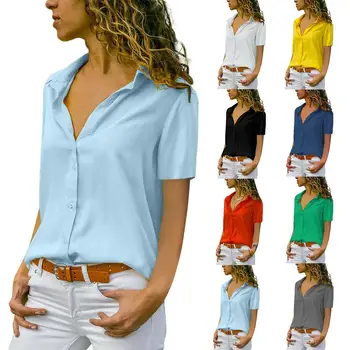 

Fashion Summer Women Blouses Top Plus Size Solid Color Button Down Short Sleeve Blouses Shirt Ladies Blouse Shirts Top