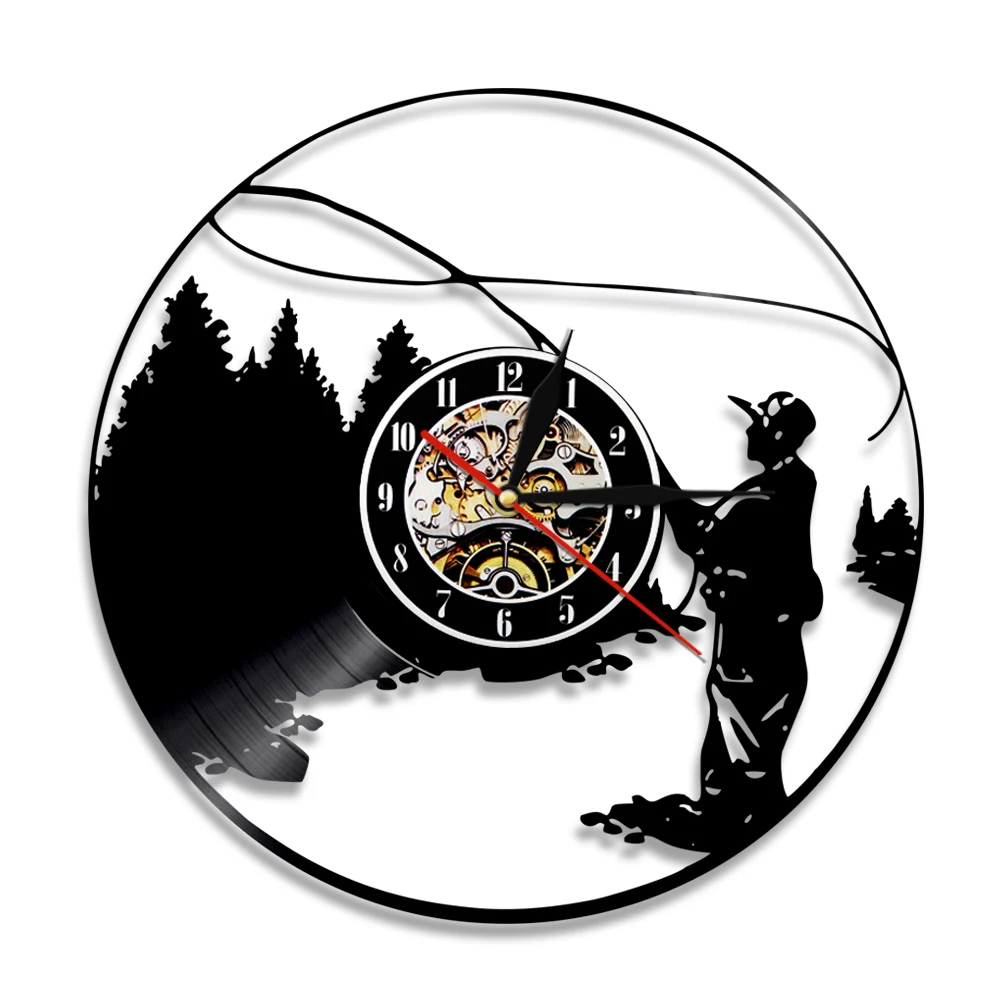 

Fisherman Lake Scene Modern Wall Clock Gone Fishing Vinyl Record Wall Clock Time Clocks Creative Handmade Gift For Fishermen