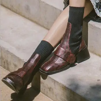 

INS Fashion Women Snake Skin Ankle Sock Boots 2020 Fashion Spring Autumn Stretch Boots Chunky High Heels Square Toe Women Shoes