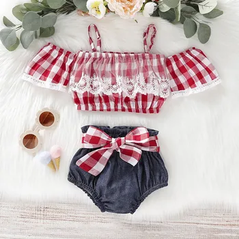 

New Summer Baby Girl Casual Short Sleeve Off-shoulder Plaid Print Tops T-shirt With Briefs PP Shorts Outfits Set 6M-3T