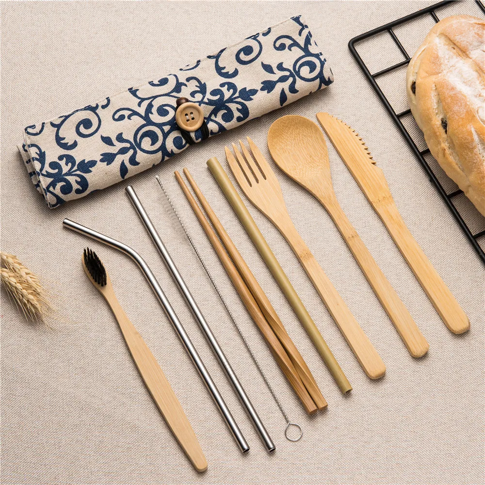 

Bamboo Cutlery Set Portable Cutlery Dinnerware Set Wooden Handle 7/8/10pcs/set Dinner Spoon Fork Knife Sets for PicnicTableware