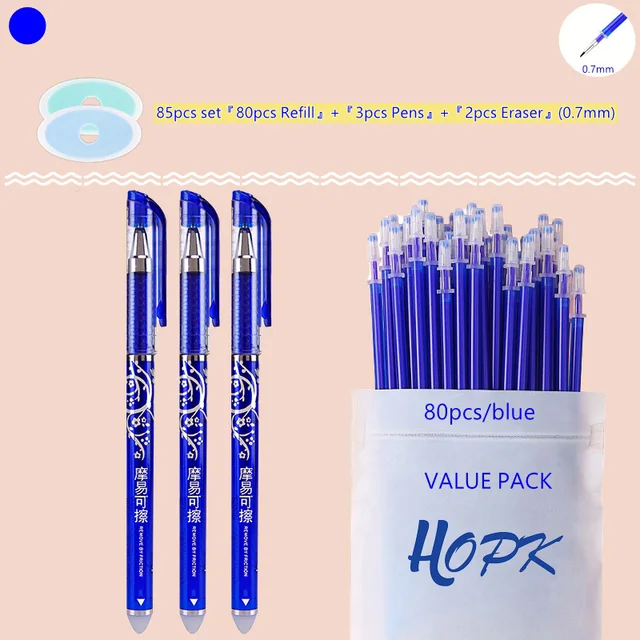 85Pcs/Set Blue Black Ink Gel Pen 0.5mm Erasable Refill Rod Erasable Pen Washable Handle School Writing Kawaii Stationery Gel Pen 0.7mm Blue set B