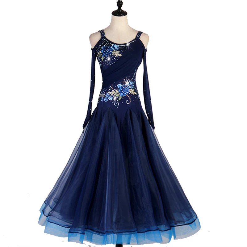 

Waltz Ballroom Competition Dress Standard Dance Performance Stage Costume Women Evening Gowns Embroidery Rhinesones Sexy Back