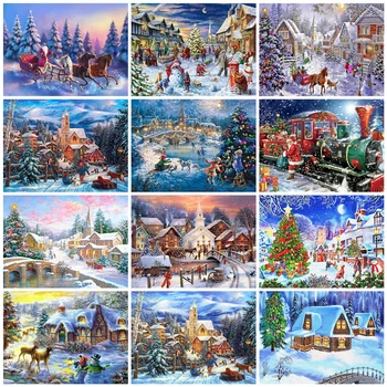 

AZQSD DIY Full Square Diamond Embroidery Mosaic Winter Landscape Handicraft 5D Diamond Painting House Christmas Gift