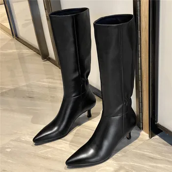 

2020 Autumn Winter Fashion Net Red Folds AllMatch Boots Leather Stiletto Pointed Toe Mid-Heel Keep Warm High Boots Women's Shoes