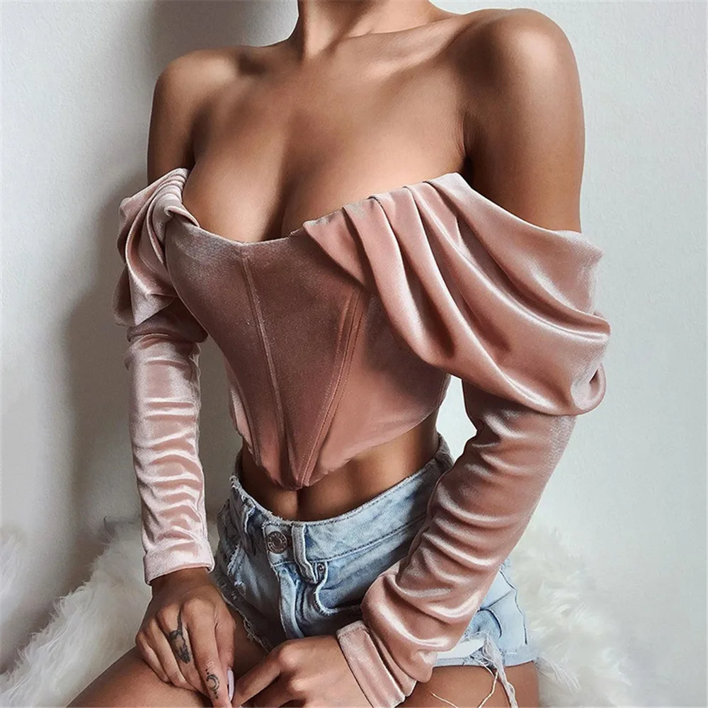 

Elegant Pink Ruched Crop Tops Female Puff Sleeve Slash Neck Tops Slim Fashion Sexy Cropped Bustier Top Streetwear Short T-shirt