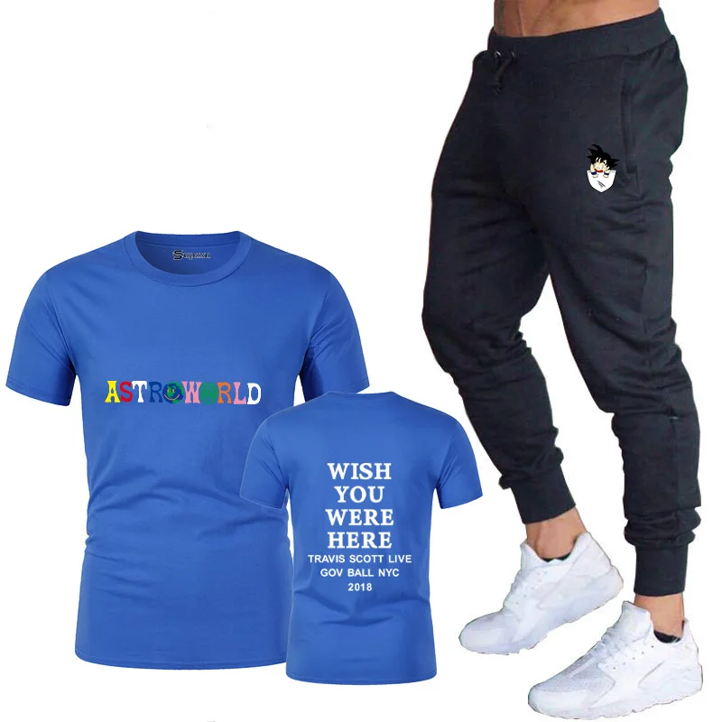 Royal blue Популярная мужская футболка в стиле хип-хоп, футболка в стиле Харадзюку с принтом «Hope You Are Here», футболка с надписью, мужские спортивные штаны, комплект - Цвет: Royal blue