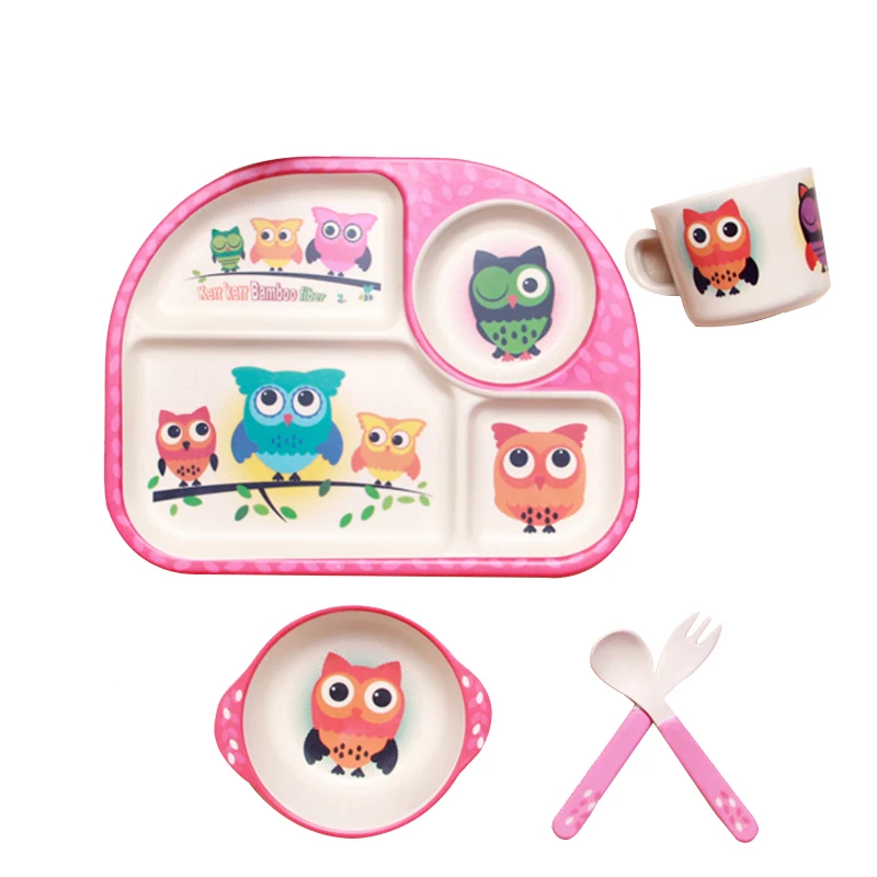 Cartoon Bamboo Fiber Baby Feeding Plate Children Tableware Tray Dish Bowl Fork Spoon Cup Food Training Dinnerware Set Kids Gift