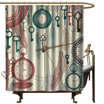 

Antique Geometric Shower Curtain Traditional Pocket Watches with Feather and Old Key Portable Time Flies Art Theme for Kids