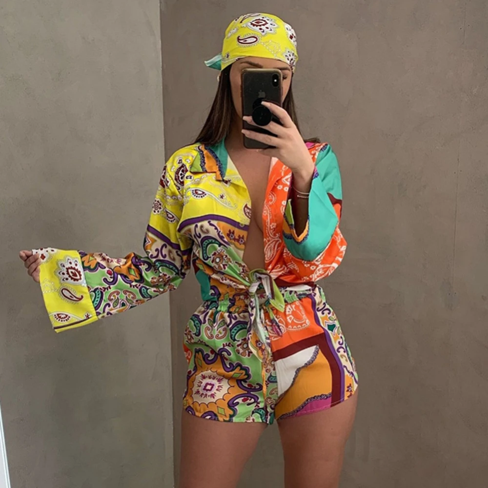 skirt and top co ord 3 Pieces Set Sexy Summer Autumn Fashion Women Set 2021 Female Tops Floral Print Long Sleeve Shirt And Elastic Waist Shorts Scarf loungewear sets Women's Sets