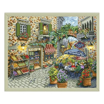 

Street Coffee Counted Cross Stitch Printed Canvas Embroidery Kits 11CT 14CT Diy Handmade Needlework Crafts Home Decor Paintings