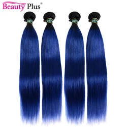 Blue Colored Human Hair 4 Bundles Bone Straight 10-28 Inch Dark Roots 2 Tone Ombre Royal Blue Brazilian Human Hair Weave Bundles