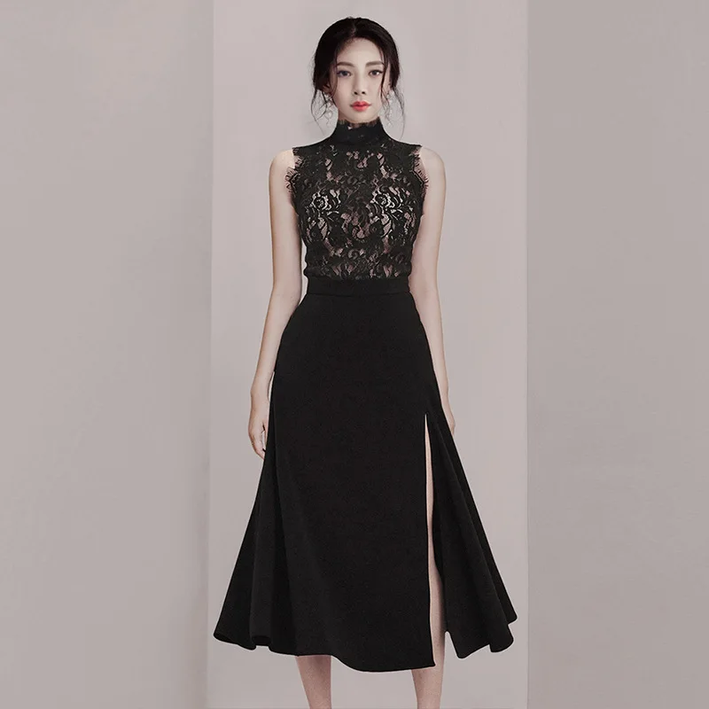

DEAT Solid Color Sleeveless Stand Collar Lace Waist Split Woman Dress Temperament Sexy Fashion 2019 Autumn Winter New TV249
