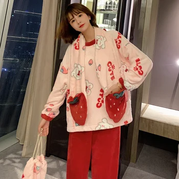 

2020 Winter Long Sleeve 4PCS Thick Warm Flannel Print Pajama Sets for Women Coral Velvet Sleepwear Suit Pyjamas Homewear Clothes