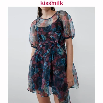 

KISSMILK 2020 New Arrival Floral Printing Lantern Sleeve Empire Waistline With Sashes Asymmetrical Women Plus Size Dress