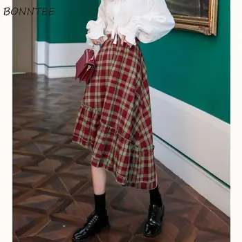 

Long Skirts Women College Plaid Chic Korean Spring Fall All-match Ins Ladies A-Line Skirt Popular Elastic Waist Femme Clothing