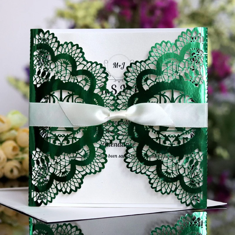 

(100 pieces/lot) Laser Cut Love Bird Shiny Green Customize Print Wedding Invitation Card Reflective Engagement Invitation IC115G