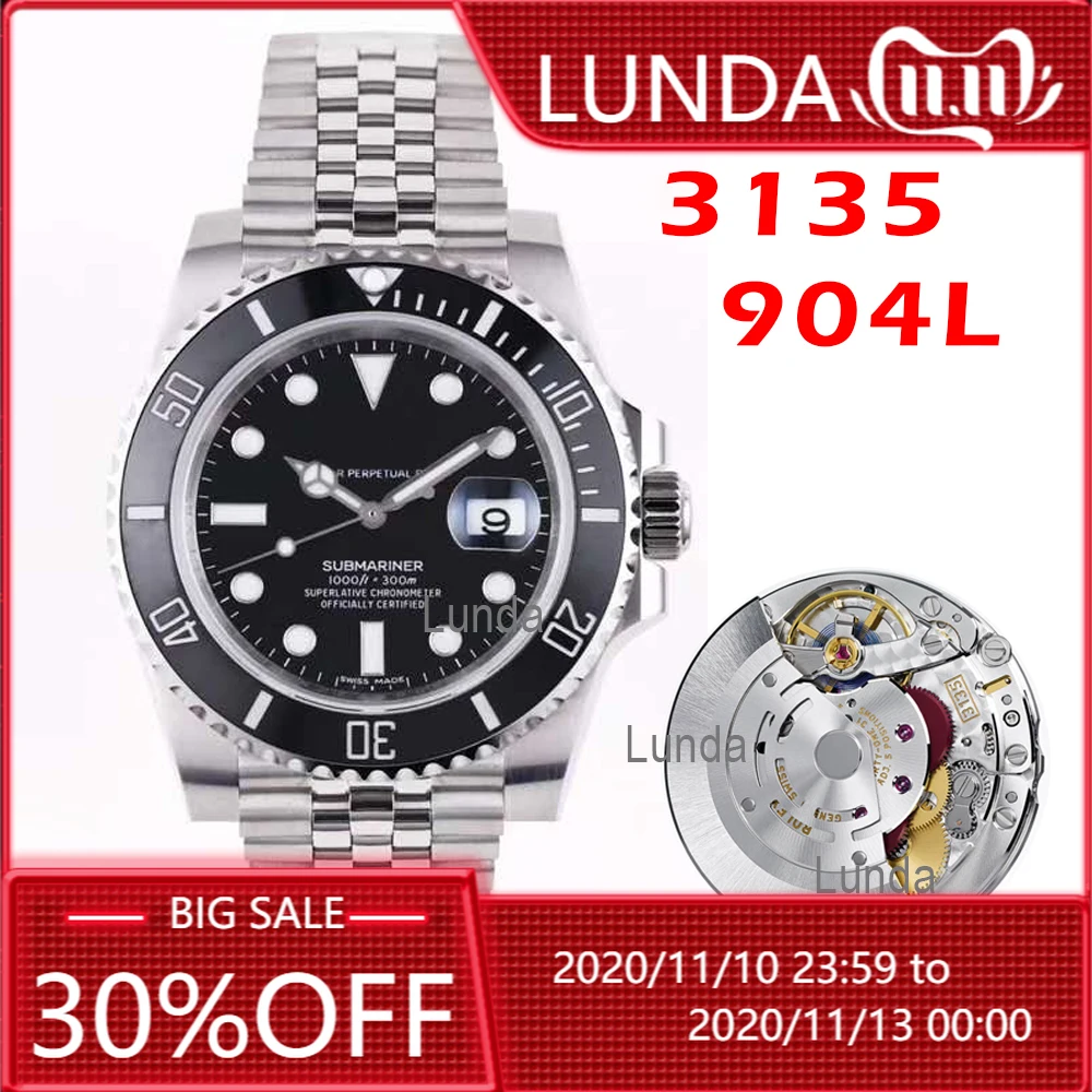 V10 3135 904L Men's Watch Automatic Ceramic Bezel Black Dial Steel Oyster Bracelet Edition Watches 116610 Date Hulk afbeelding