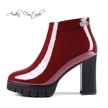 

Arden Furtado Fashion Women's Shoes Winter Chunky Heels pure color wine red Leather Elegant Ladies Boots Concise Short Boots