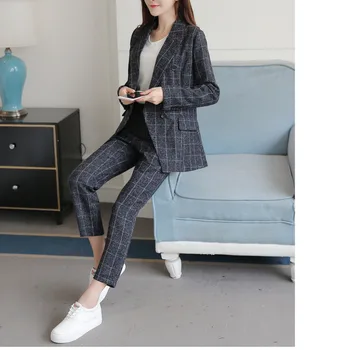 

2020 Spring Suit Women Plaid Double Breasted Casual Blazer High Waist Plaid Ankle Length Pants Elegant Ladies Official Sets