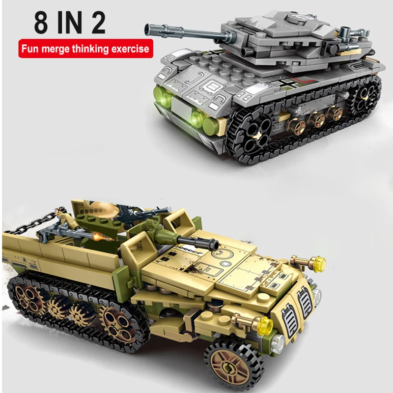 

8 in 2 Tank Building Blocks Helicopter Vehicle 1061 PCS sets Educational Block Military Compatible toys Bricks For Kids Gift
