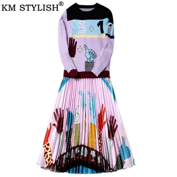 

Women Fashion Two Piece Sets 2019 Spring and Autumn New Catwalk Women's Cartoon Knit Sweater Top Pleated Skirt Suits