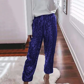 

Women Fashion Loose Pants Ruffled High Waist Loose Trousers Drawstring Nightclub Glittering Pants