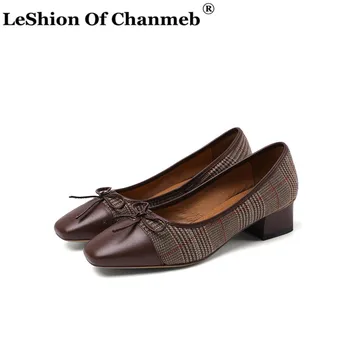 

High Qauality Women Pumps Shoes Sweet Bow-knot Mix-color Woman Ladies Shallow Shoes Slip on Block Heels Pumps for Spring Summer