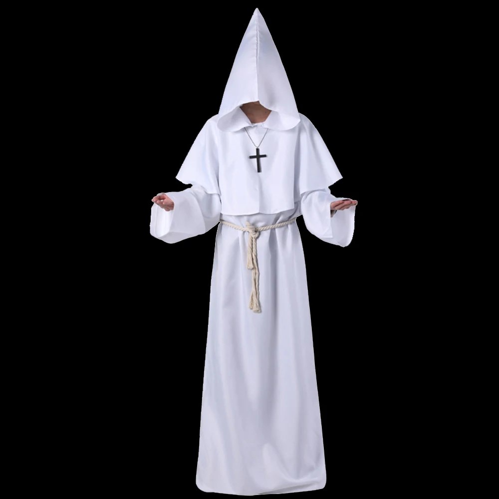 White Priest Pastor Monk Robe Collar Attached Hood Religious Costume Adult Men 