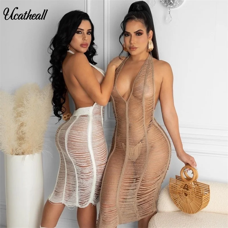 Female Beach Knitted Bodycon Dress Sexy Women Holow Out Lady Backless Sleeveless Bandage Halter Summer Vacation Sundress | Женская