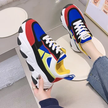 

2020 Women Platform Chunky Sneakers Ulzzang Fashion Lace Up Old Dad Shoes Woman Designers Basket Female Vulcanized Shoes Green