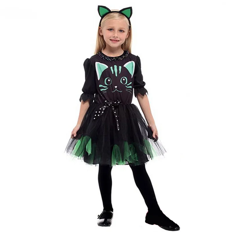 

Girls Halloween Kitty Costume Kid Children Kigurumi Cat Catwomen animal Cosplay Carnival Purim Masquerade Stage play party dress