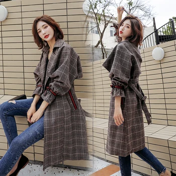 

2020Spring And Autumn New Loose Ladies Plaid Mid-length Clothes Fashion Casual Double-breasted Lapel Jacket Coat Coral Red S-2XL