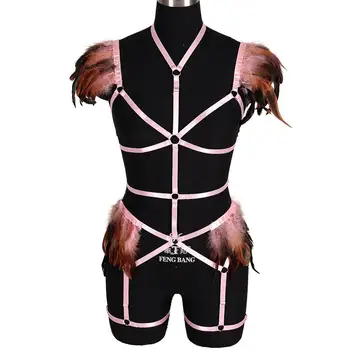

Feather Pink Full Body Harness Lingerie Belt Cage Shoulder Top Waist Garter Party Clothing Burning Women Plus Size Sexy Bra Goth