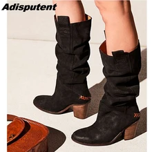 Adputent/женские модные ботинки на платформе; ботинки до середины икры без застежки; однотонная женская Повседневная Теплая обувь на низком каблуке; сезон зима