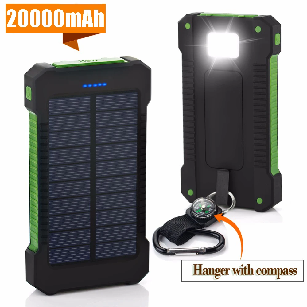 20000mAh Solar Power Bank Waterproof Solar Charger Dual USB Ports External Charger Powerbank for Smartphone with LED Flashlight power bank 10000