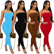 

Solid Spaghetti Strapless Sleeveless Bandage Summer Sportwear Jumpsuit Women 2021 Sexy Backless Ruched Party Club Outfit Rompers