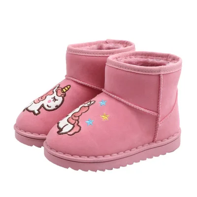 Детский мультяшный Радужный Единорог, ботинки, детские зимние ботинки, теплая зимняя обувь для девочек и мальчиков, нескользящая плоская подошва, ботинки для маленьких девочек и мальчиков - Цвет: Розовый